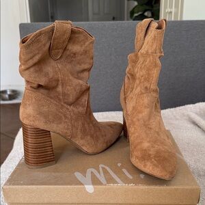 Vici Tan Suede Slouchy Western Block Heel Ankle Boots